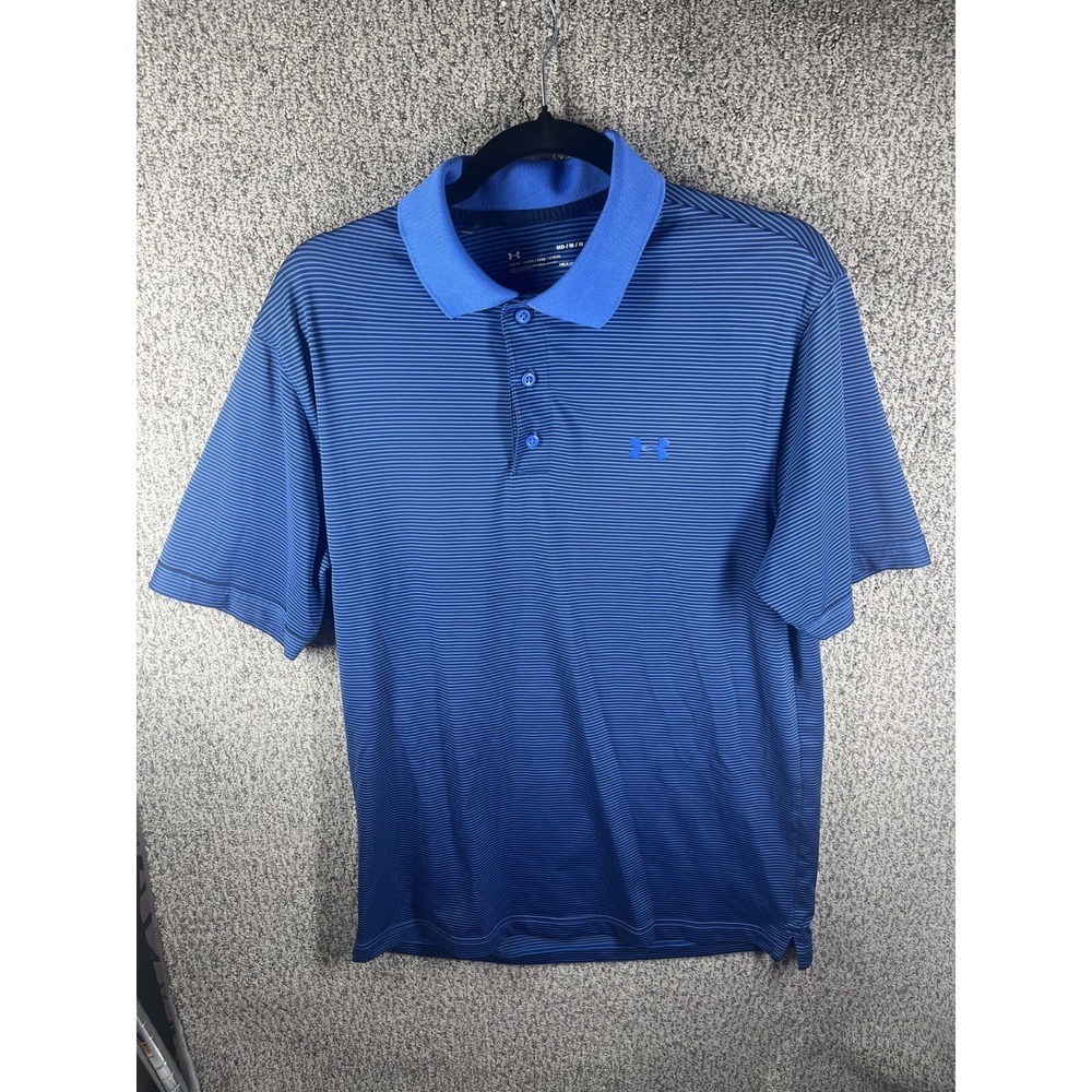Under Armour Performance Polo Shirt Mens Medium Blue Striped HeatGear Golf Rugby